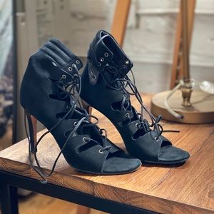 Maje Lace Up Black Suede Heels. Size 38